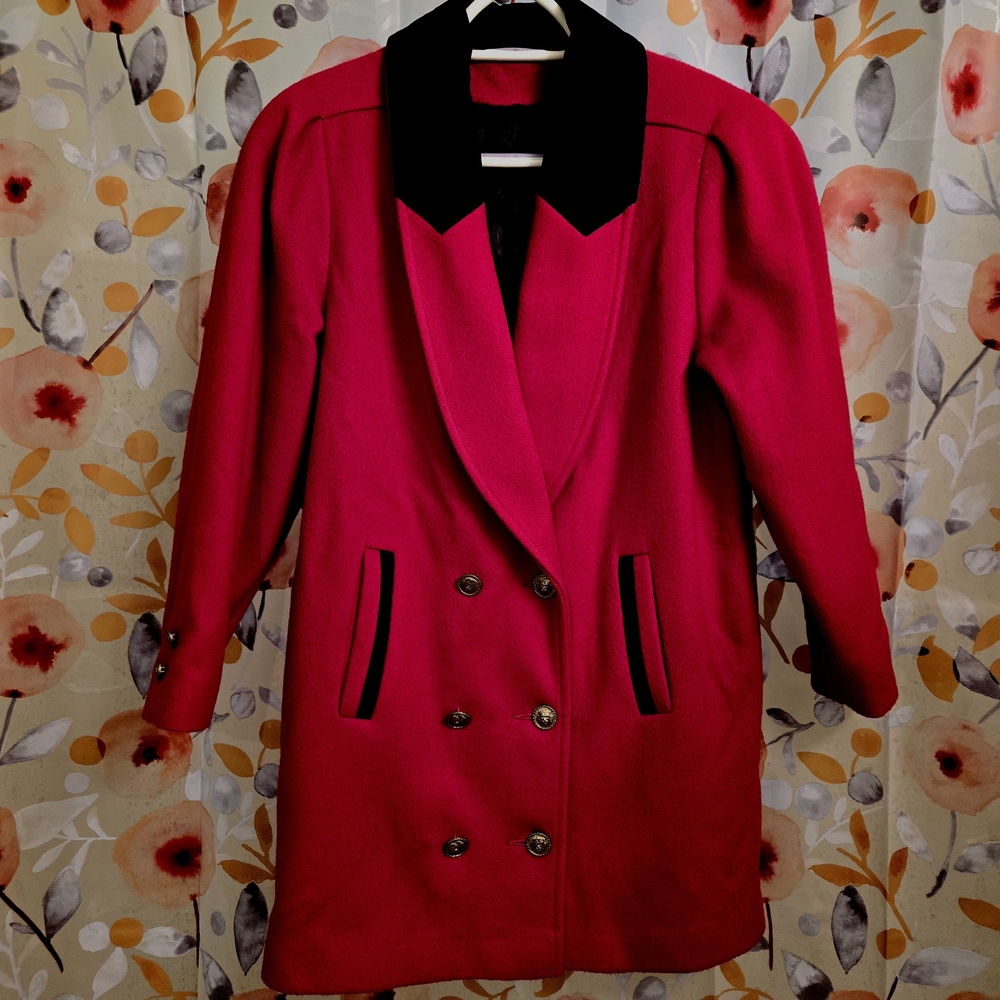 Women's Double-Breasted Red Wool Coat with Black Velvet Trim